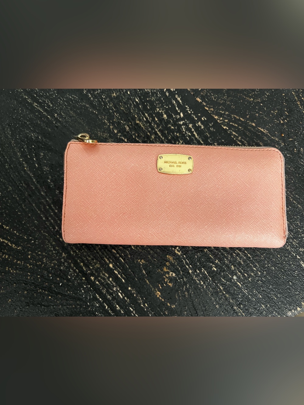 Michael Kors Rose Pink Saffiano Zip-Around Wallet with Gold Plaque